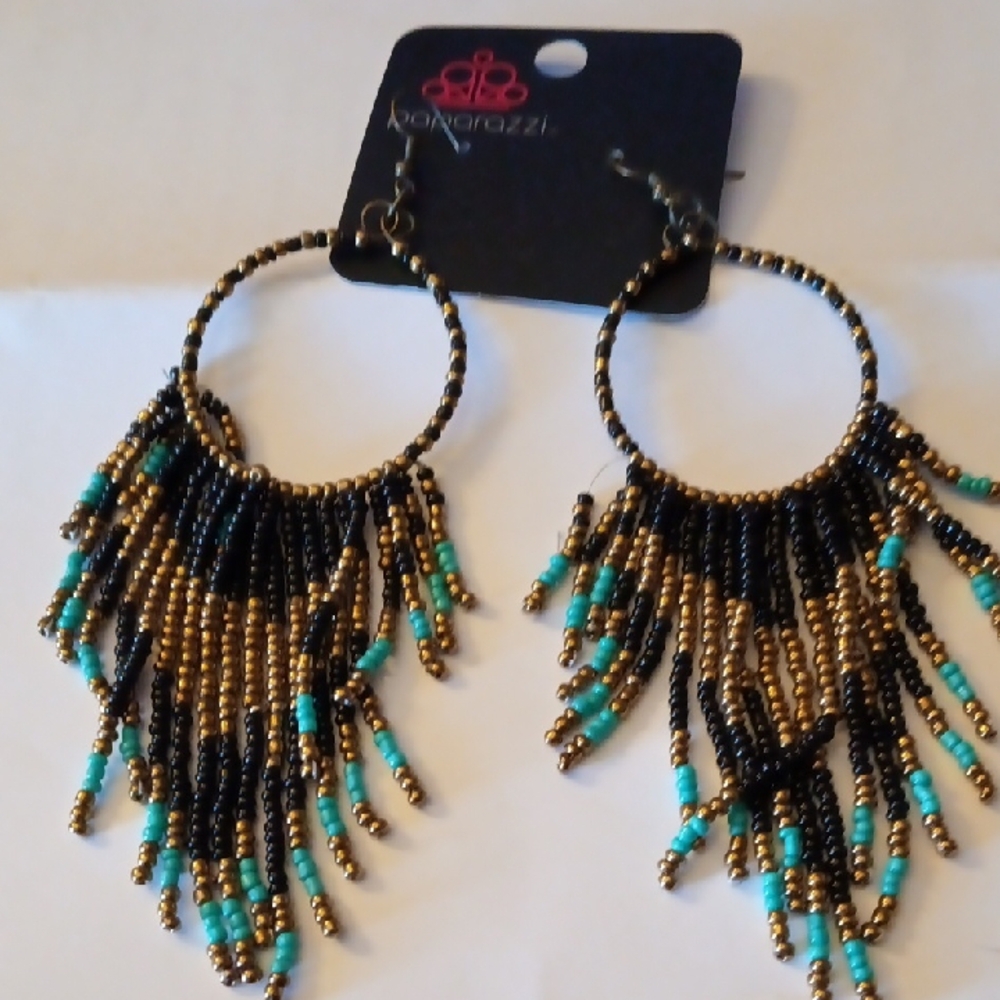 Paparazzi Black and Gold Beaded Hoop Earrings